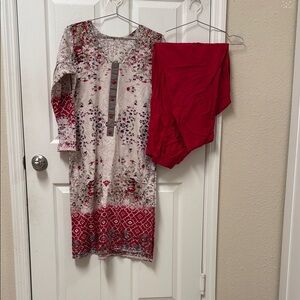 Vintage Pakistani Indian ethnic Floral Red and peach Dress with shalwar #701